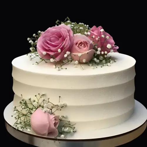 Cream cake with three horizontal lines decorated with pink roses and gypsy flowers on top and sides