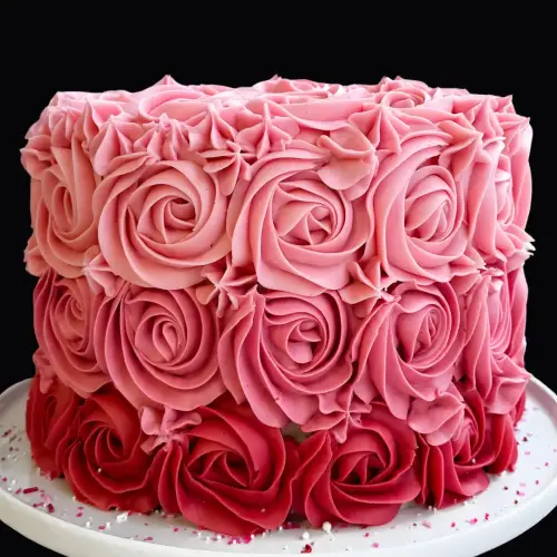 White cake covered with light pink dark pink and red roses intricate floral design